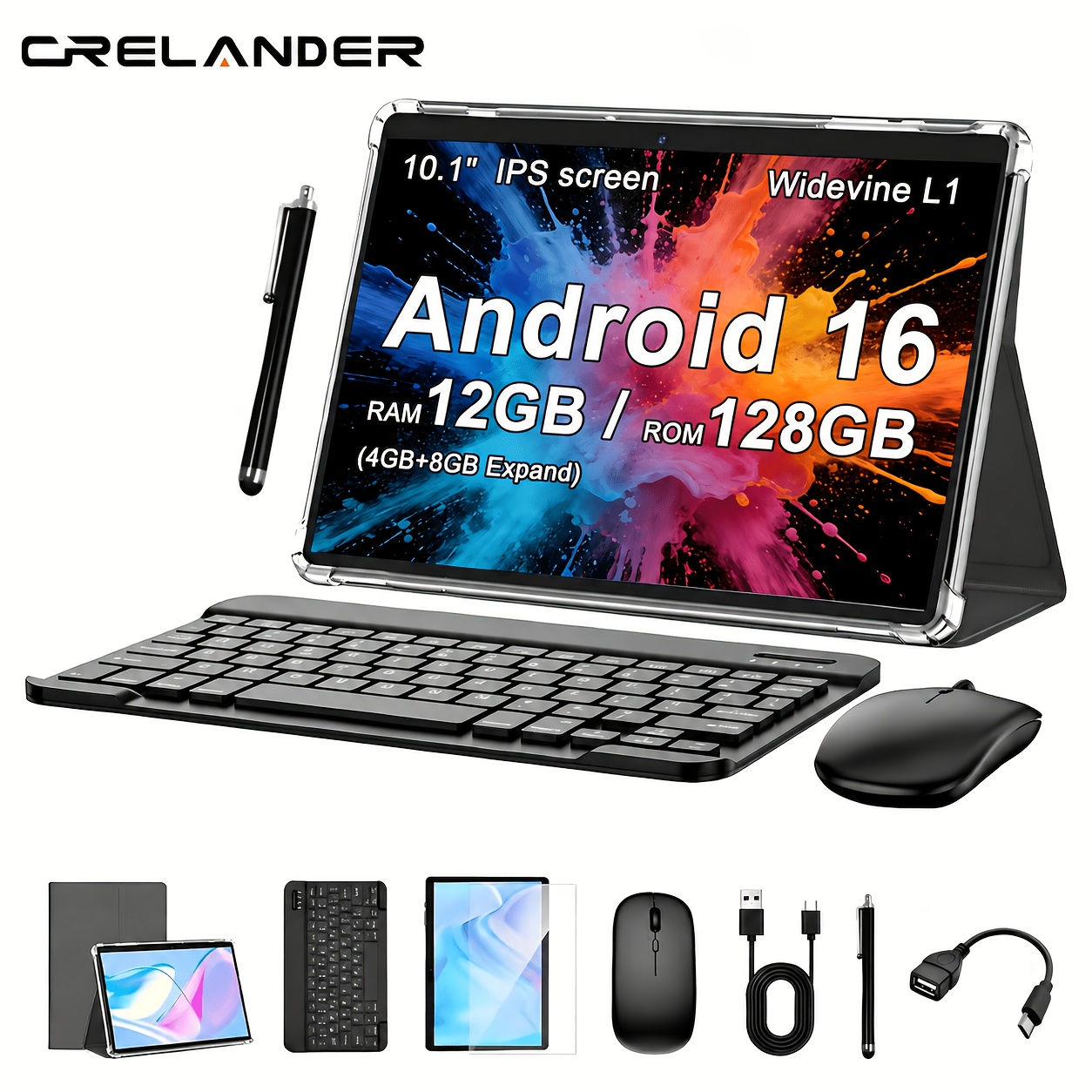 TEMU Crelander 2in 1 Tablet Pc 16 Tablet, 12gb (4+8gb Expand)+128gb Rom, With Case, [ Keyboard, Mouse, Pen(no Electricity) Can ], 2.4g/5g Wifi, Gms,