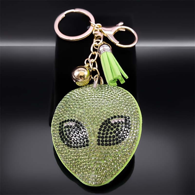 

Head Crystal Keychain With Green Tassel - Golden Alloy, Accents, Lobster Clasp For Bags & Cars - Fashionable Accessory For Women