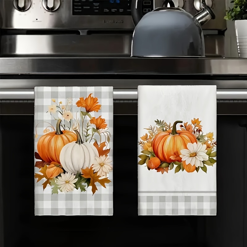 

2-piece Thanksgiving Kitchen Towel Set: Featuring Pumpkins And Floral Patterns, Perfect For Fall Decorating And Gift-giving