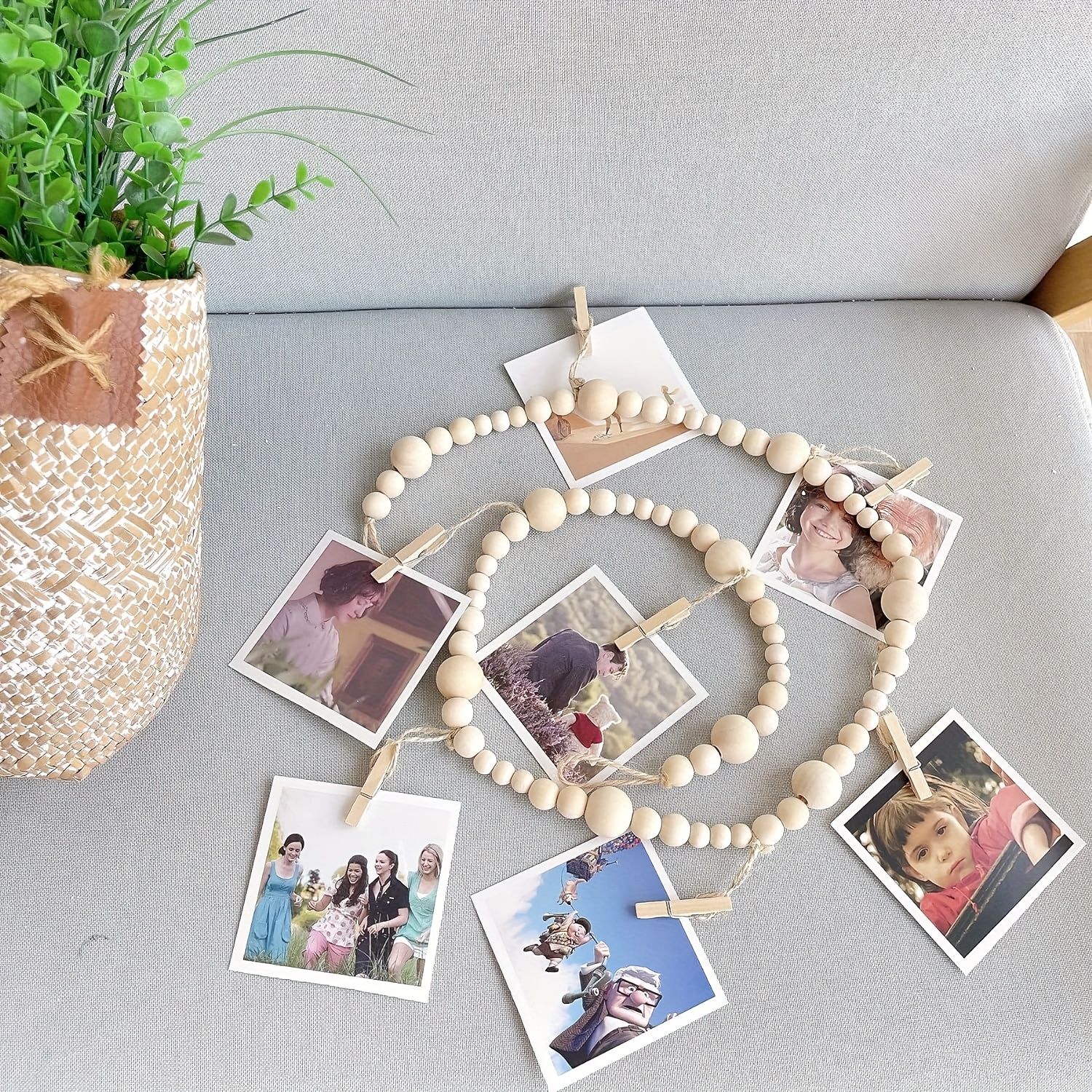 Image of Bohemian Wooden Bead Garland Photo Display With Clips - 51.18" Natural Wood Hanging Picture Frame For Dorm, Classroom, Bedroom Decor