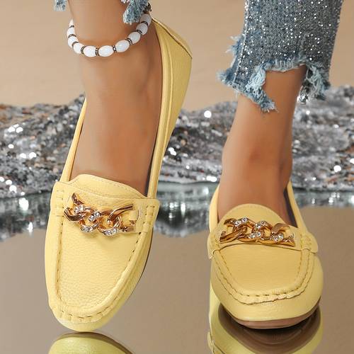 womens casual loafers round toe slip on moccasins with chain detail synthetic cover upper rubber sole shoes yellow able footwear chain detail accent rubber sole footwear