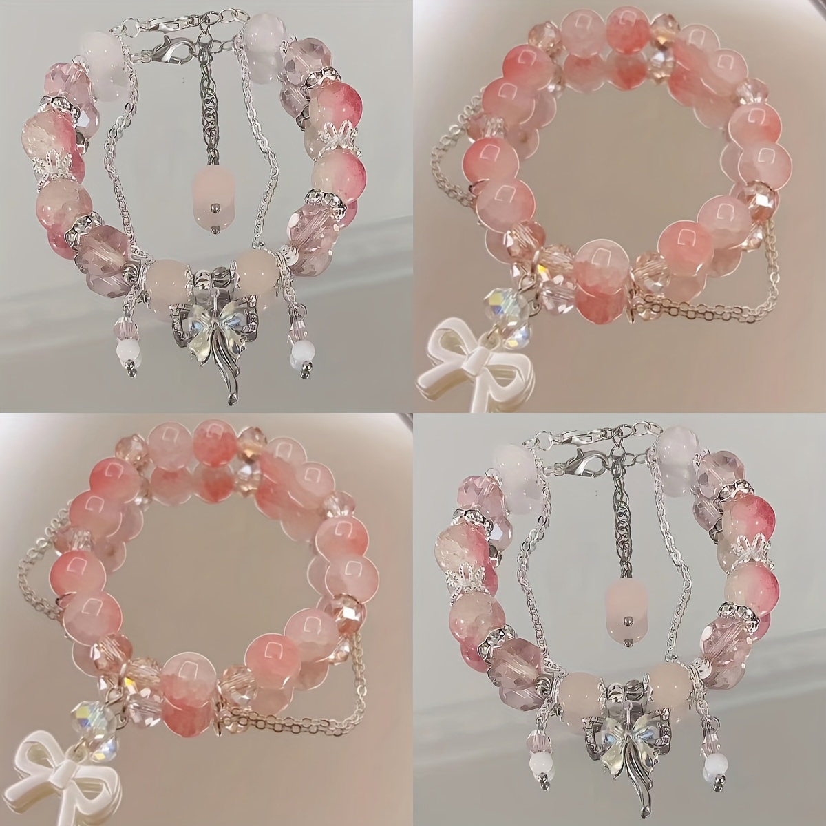 

2pcs Set Vintage Chinese Peace Lock Bracelets For Women - Sweet Pink Beaded & Crystal, Perfect Gift For & Christmas, Best For Christmas