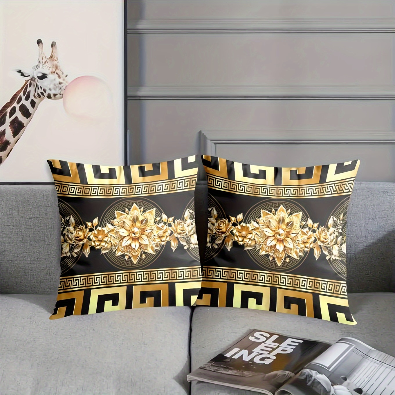 

2pcs Contemporary Black And Golden Throw Pillow Covers With Floral And Greek , 18x18 Inch, Decorative Sofa Cushion Covers, Machine Washable, Zip Closure For Living Room Bedroom - Decor Gift