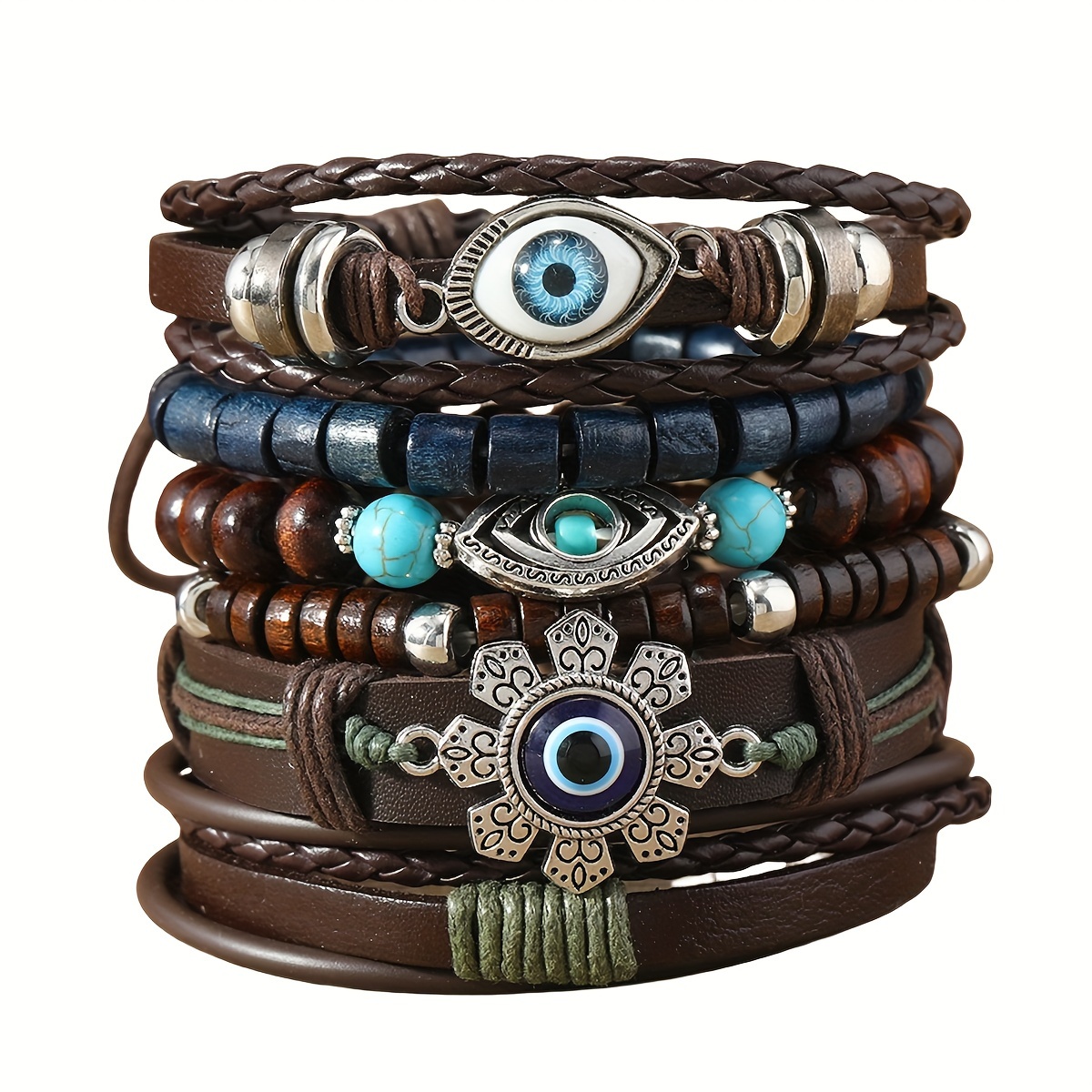 

6pcs Bohemian Style Multi-layer Bracelet, Pu Leather Eye Bead Braided Bracelet, Jewelry Gifts