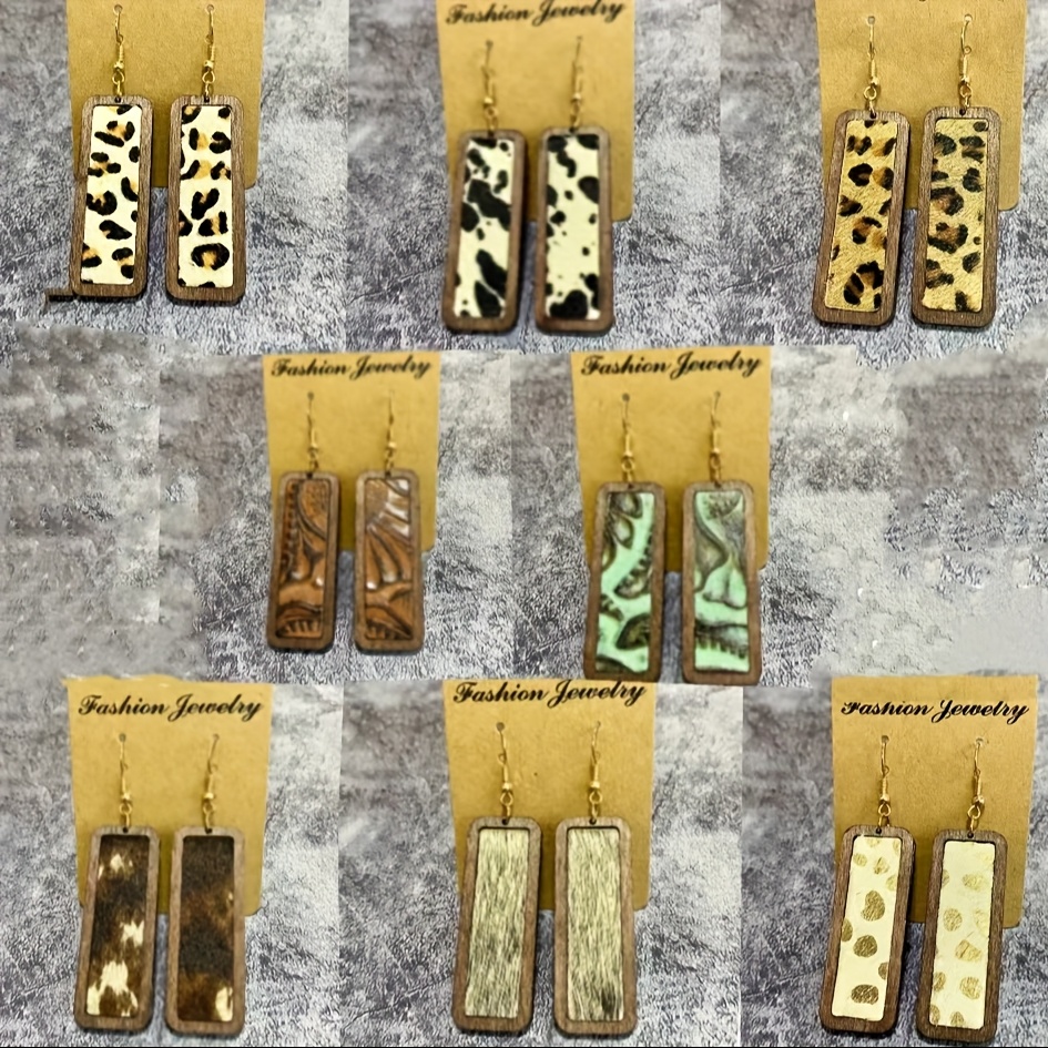 TEMU 8 Pairs Rectangle Shape Leopard Pattern& Inlaid Dangle Earrings Set- Retro Style Wooden Jewelry Holiday Women's Ear Ornaments
