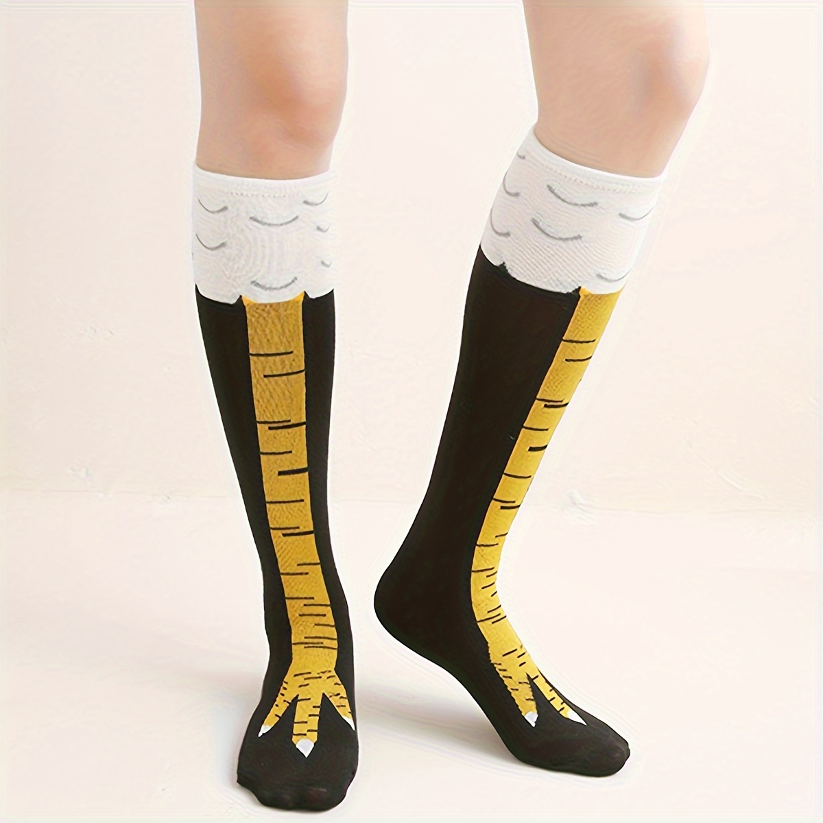 1 Pair of Men's Fun Chicken Claw Crew Socks - Comfy & Stylish, Black with White & Yellow Accents, Polyester-Spandex Blend, Perfect for Casual Wear