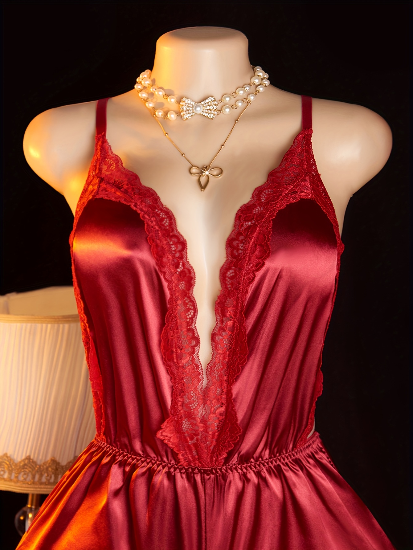 Sexy Solid Satin Lace Trim Night Romper, Deep V Neck Backless Cami Bodysuit, Women's Hot Sleepwear