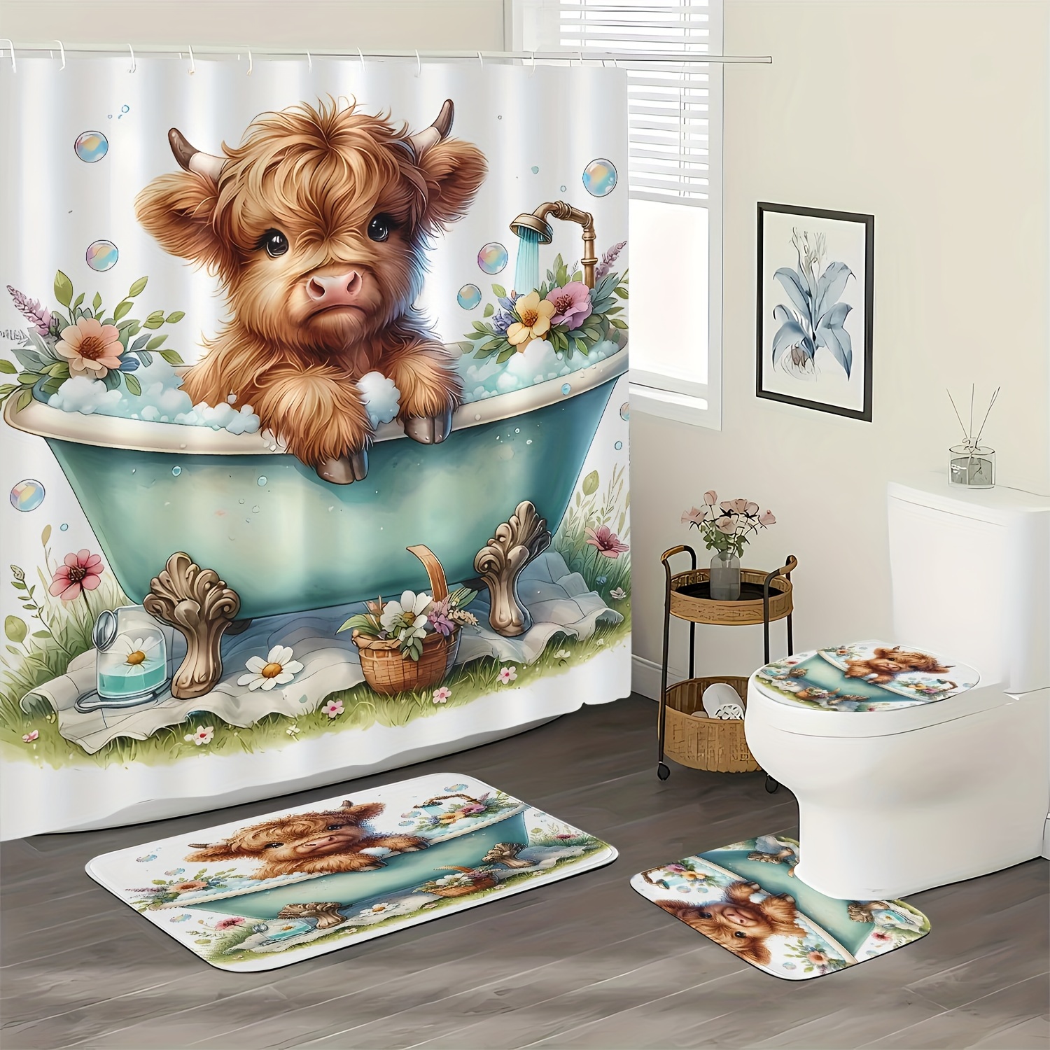 

Tub Pattern Shower Curtain Set, Includes Rug, And Bath Mat - Polyester , Printed And , Includes 12 , , Suitable For Bathroom Decoration