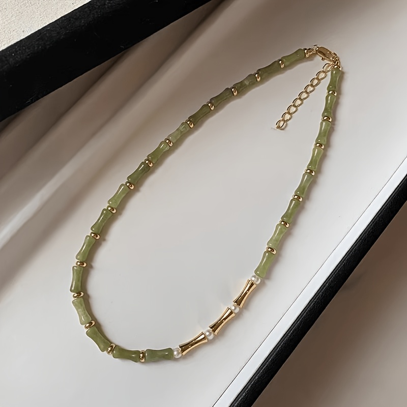 Women's Natural Olive Green Stone Necklace, Bohemian Minimalist