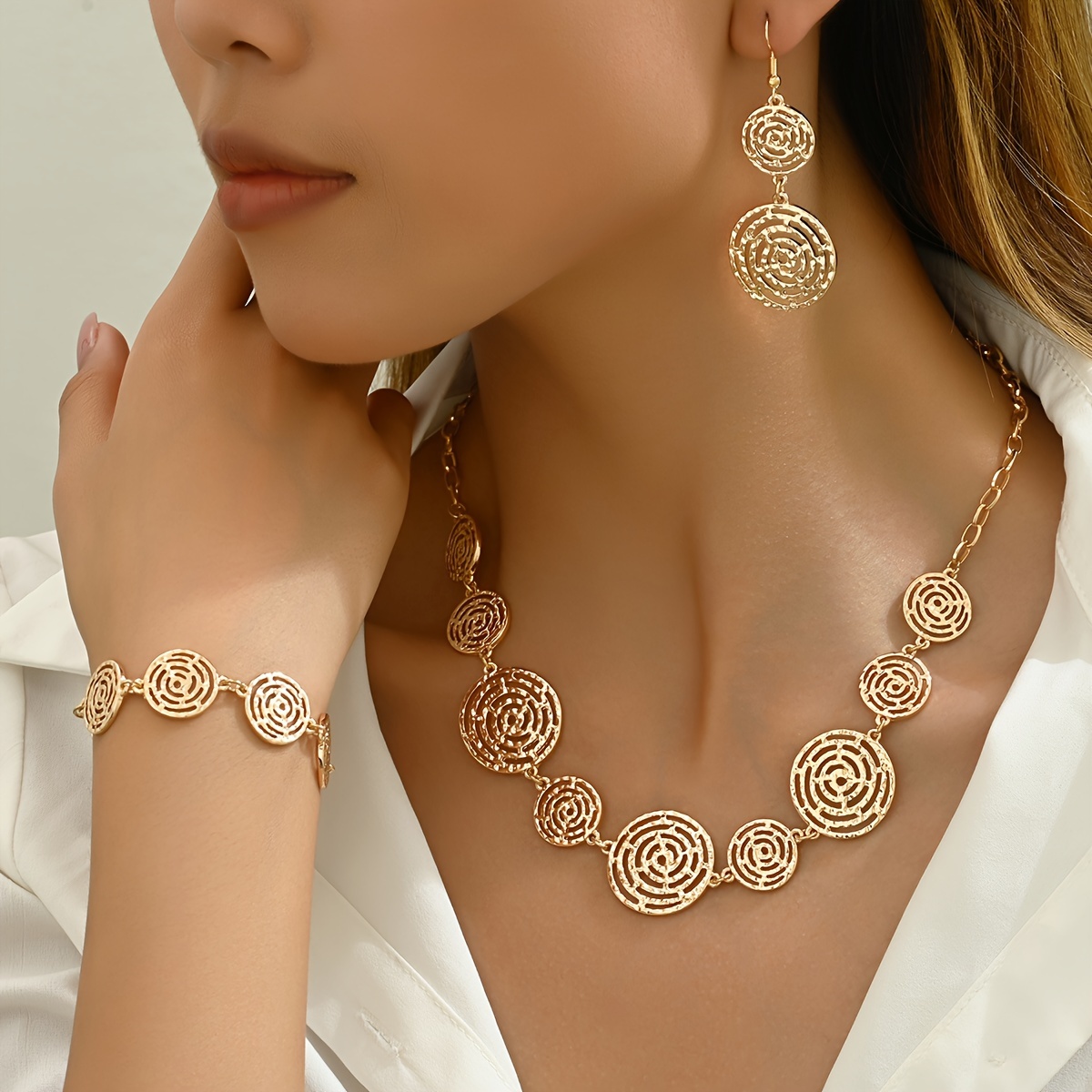 TEMU Stylish Spiderweb Hollow-out Round Link Bracelet, Necklace & Earrings 3pcs Set, For Teenager