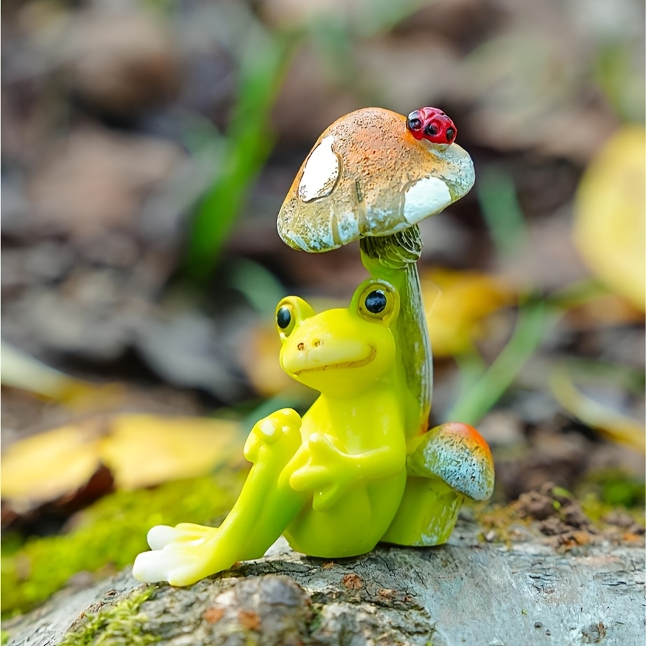 1pc Whimsical Resin Frog Ornament With Mushroom Shelter And Ladybug Detail