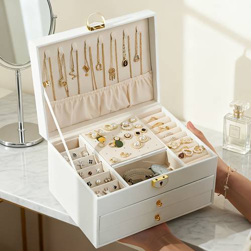 elegant three tier jewelry box with space for rings featuring a vintage diamond patterned drawer lock soft velvet interior a bedroom vanity and an ideal christmas present jewelry boxes