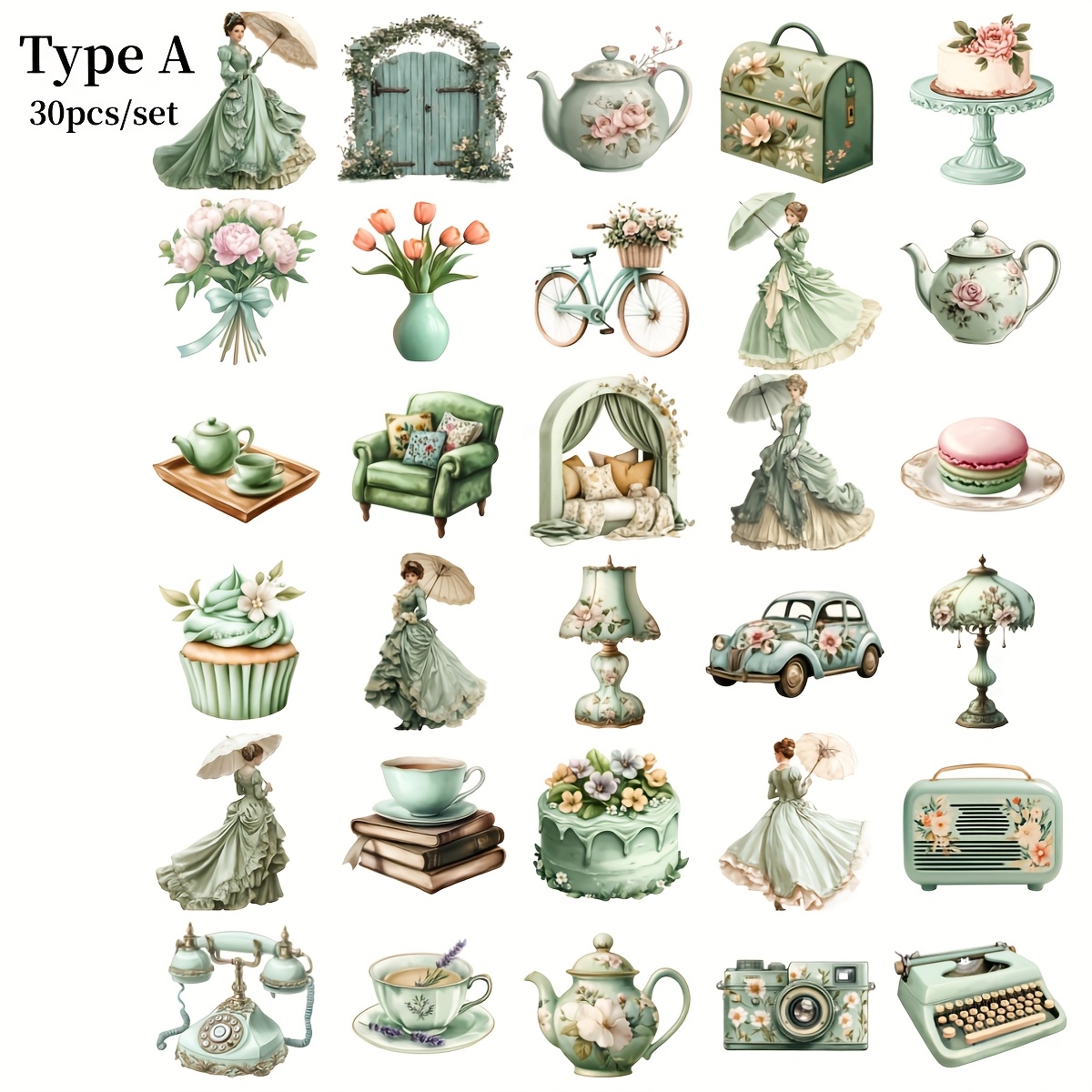 Image of 30pcs/set Handmade Creative Retro Victorian Ladies Afternoon Tea Stickers Suitable For Garbage Diary Account Photo Album Stationery Diy Craft Kit Magazine Decoration