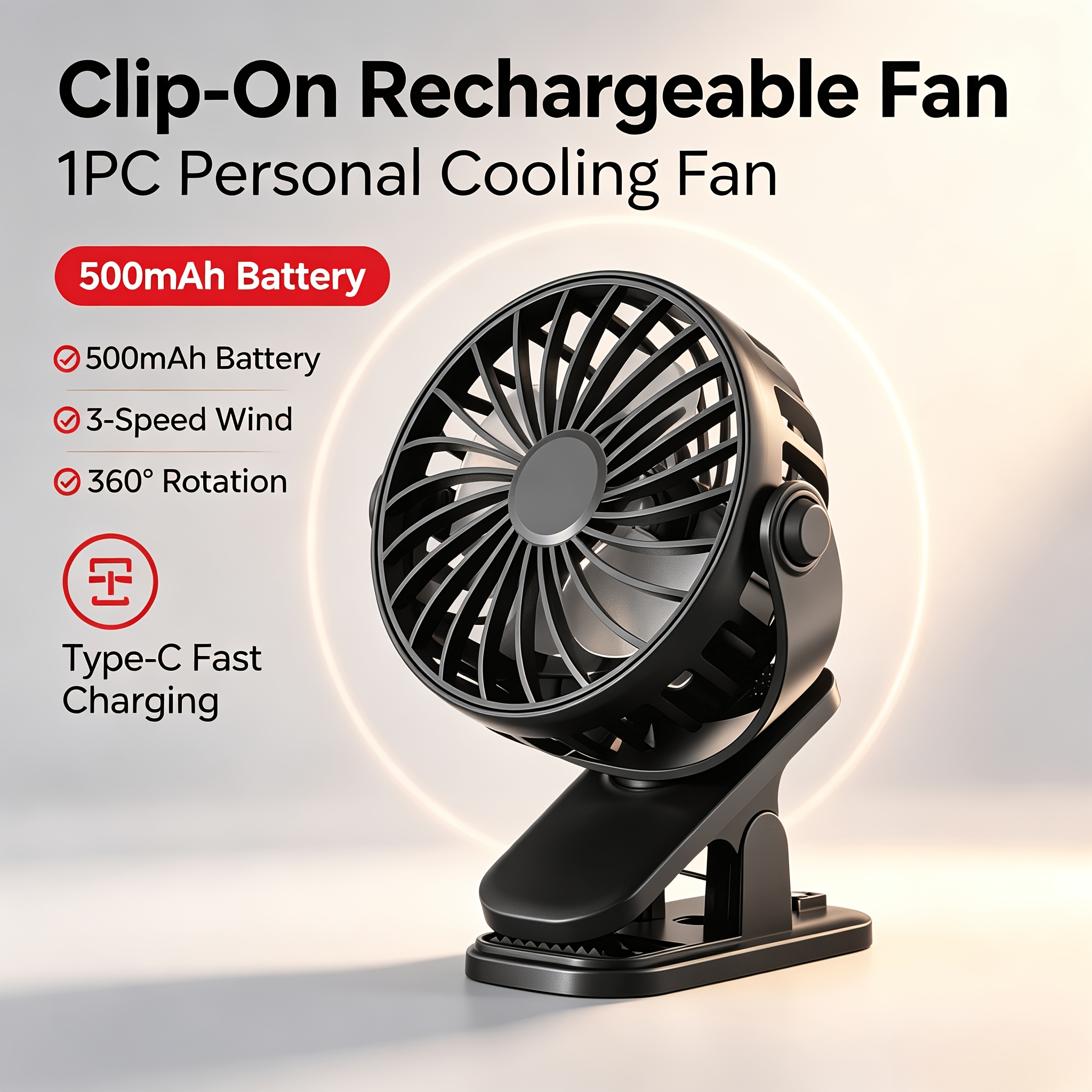 TEMU 1pc Low-noise Charging Clip-on Mini Fan Type-c Fast Charge 500mah Long-lasting 3-speed Wind 360 Degree Rotation Dorm Camping Fishing Car Fan