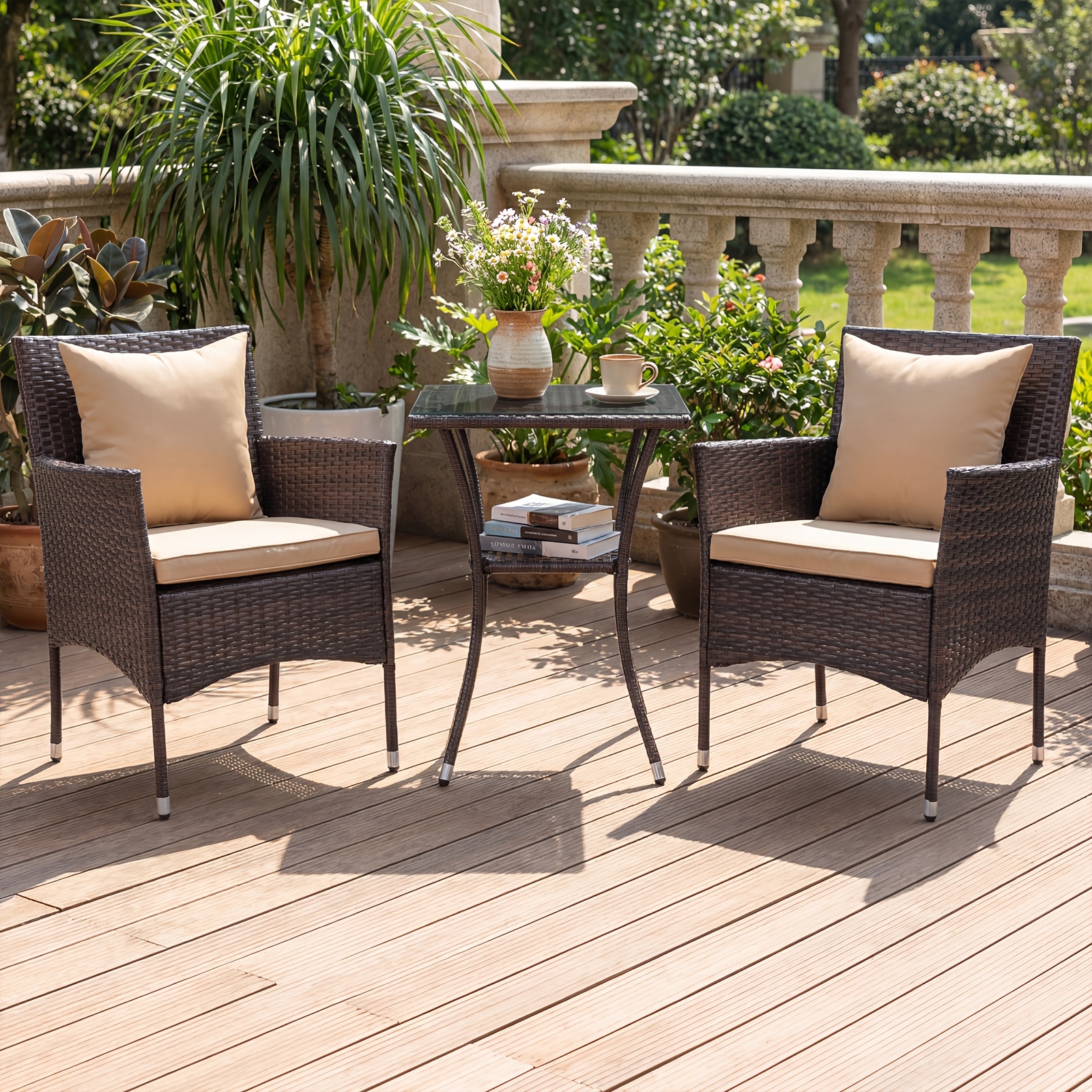 Image of 3pcs Patio Furniture Set, Balcony Set Including 2 With A Double-layered Tempered Glass Table, Outdoor Bistro Set, Balcony Furniture With Cushions, Seating Set For The Garden, Porch, And Pool Area