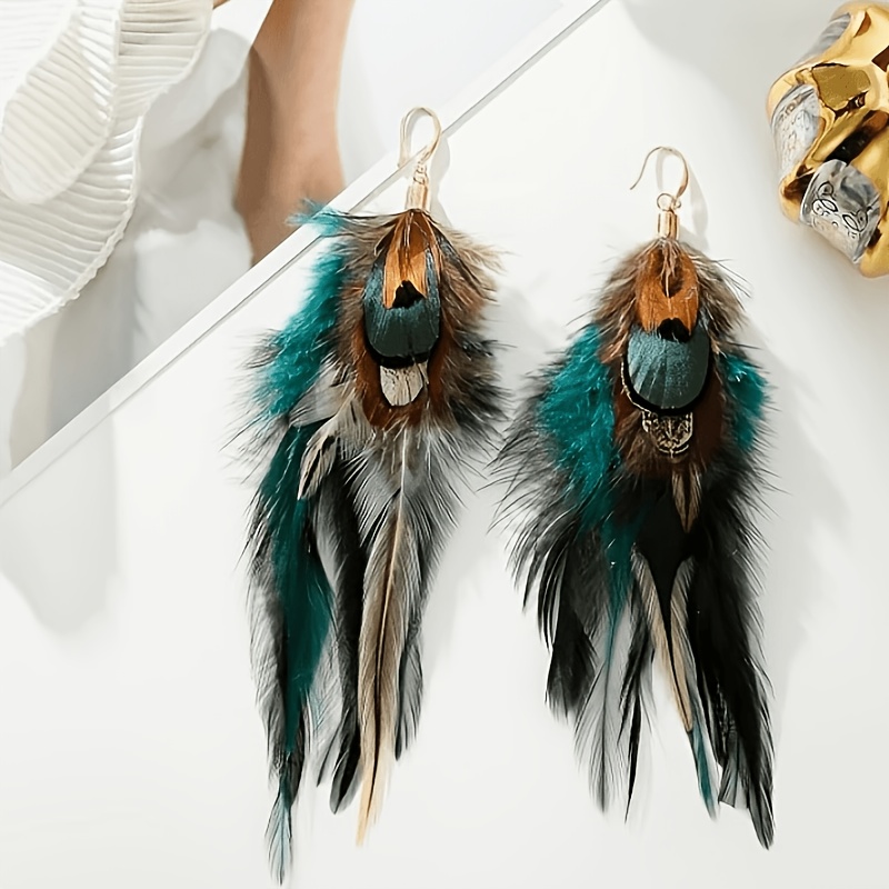TEMU Bohemian Feather Earrings, Chinese Style Retro Long Style, Ethnic Style, New Year Tassel Earrings For Women