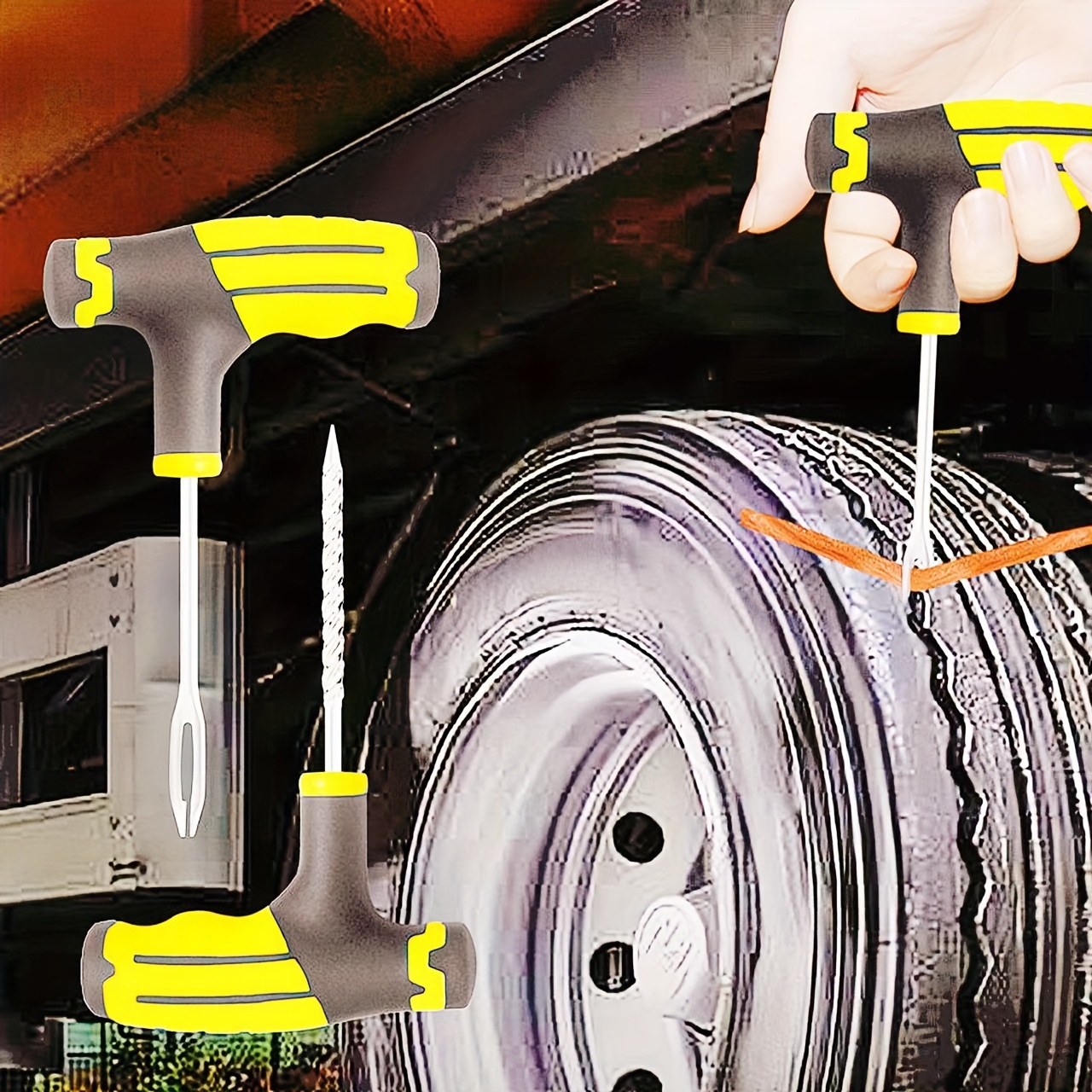 Kit de reparación de neumáticos, herramientas de cambio de  reparación de neumáticos universales resistentes para reparar pinchazos y  tapones planos para coche, motocicleta : Automotriz