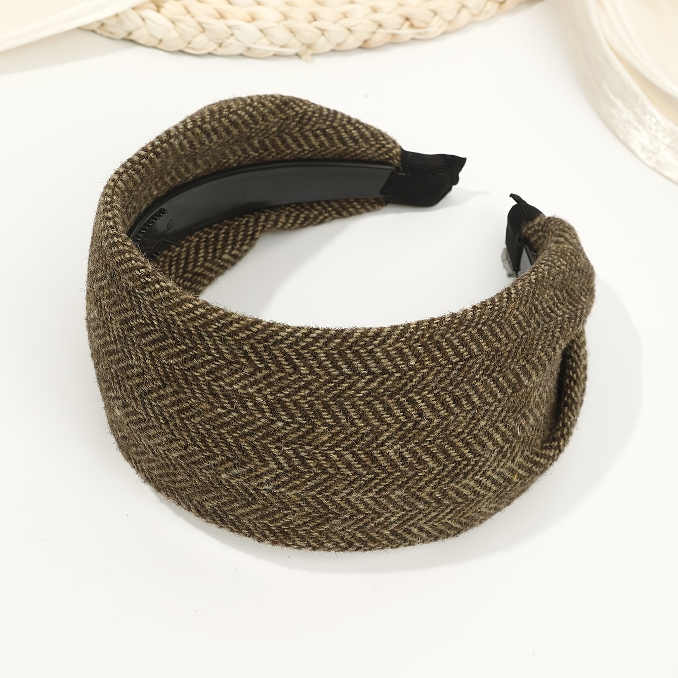 TEMU 1 Bandeau Large en Tweed Marron à Chevrons, Antidérapant, Non Contraint, Haute Couronne, Couvre , les Mèches et les Cheveux , Bandeau Vintage