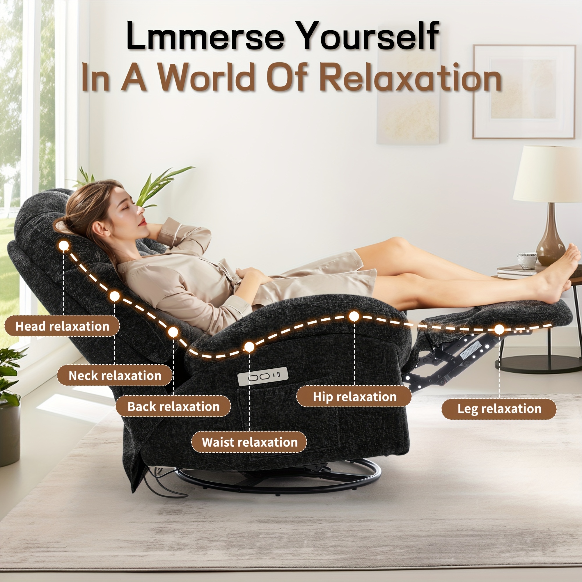 Oversized Swivel Recliner Chair, Adult Electric Recliner with USB Port And Side Pocket Storage, Comfortable Soft Shell Rocking Chair, Large Chenille Recliner Suitable for The Living Room 7 Oversized Swivel Recliner Chair, Adult Electric Recliner with USB Port And Side Pocket Storage, Comfortable Soft Shell Rocking Chair, Large Chenille Recliner Suitable for The Living Room - Image 7