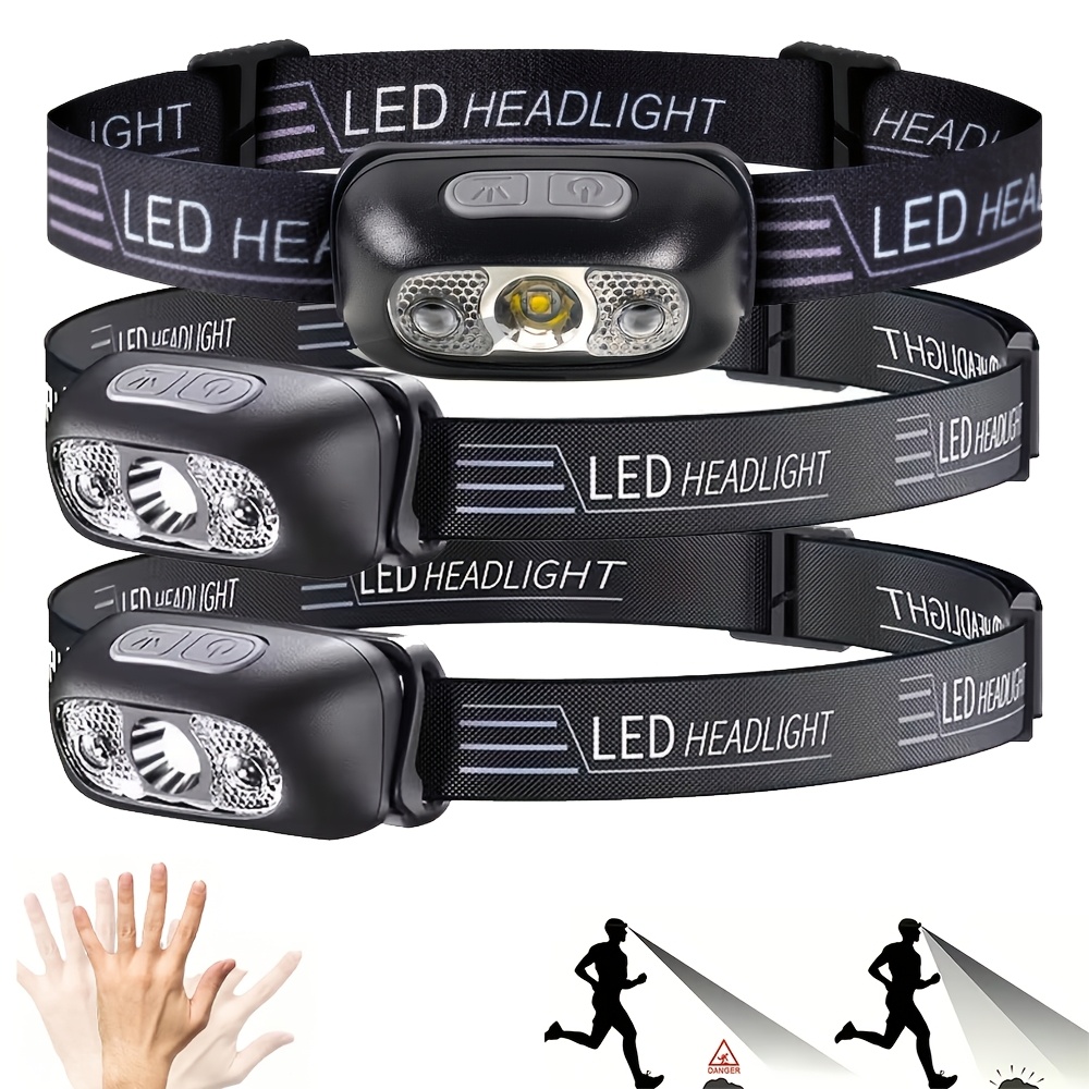 TEMU 3pcs Rechargeable Motion-sensing Led Headlamps, Adjustable Headlamps, Portable And Lightweight, 2 , Ideal For Camping, Hiking, Fishing, Cycling,