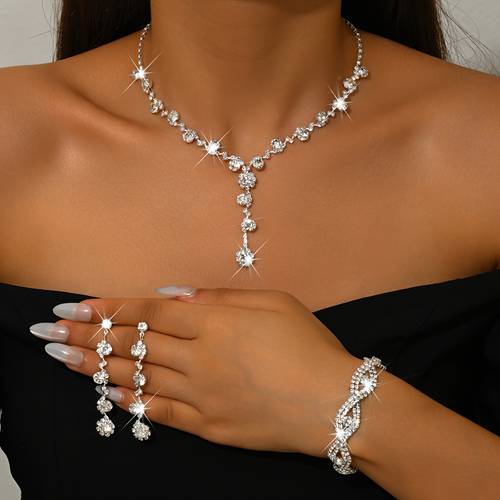 3pcs fashion jewelry set silver plated copper necklace earrings and bracelet for wedding and banquet occasions nickel free plating