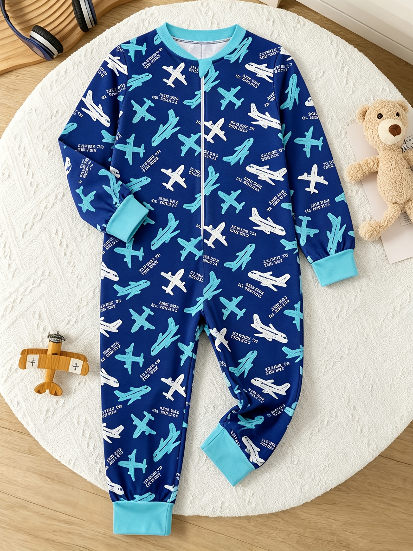 item picture boys new autumn and spring jumpsuit homewear construction vehicle excavator print pattern dark blue contrasting light blue jumpsuit long sleeved long pants pajamas homewear single head zipper style easy to put on and  