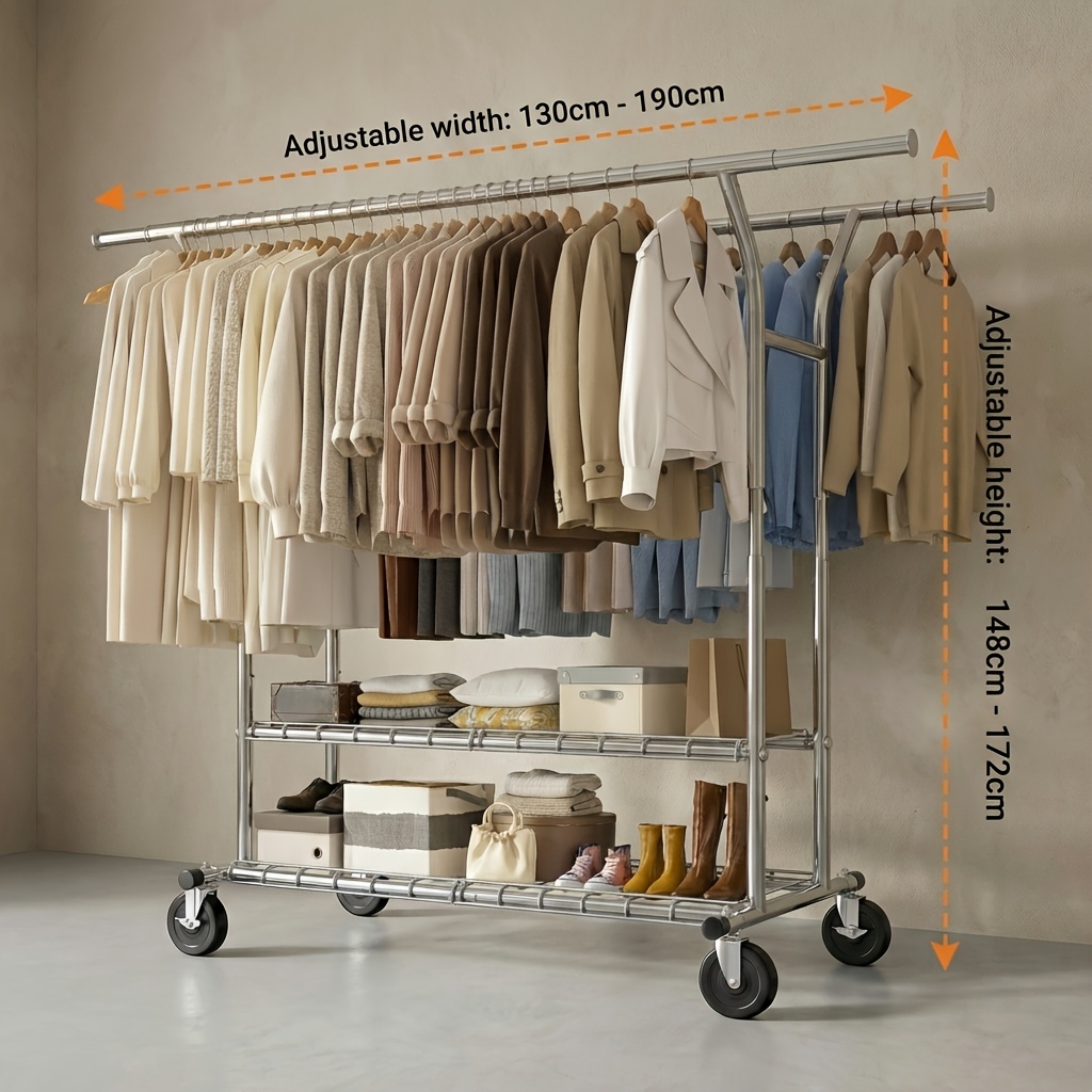 TEMU Heavy-duty Adjustable Double Rail Rolling Garment Rack With Stainless Frame - Wide Suitable For Bedroom/laundry Room Wardrobe, Space- Mobile