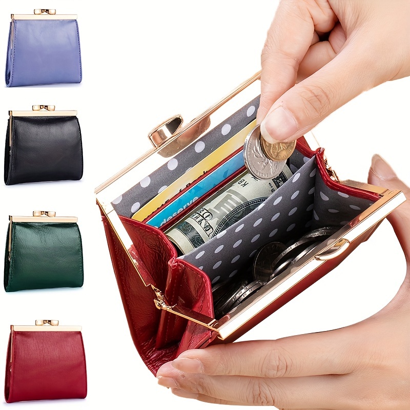 

Obcreator Vintage Genuine Leather Kiss Lock Credit Card Holder For Women, Fashion Short Wallet With Coin Purse, Leather, No Print, - Elegant Accessory