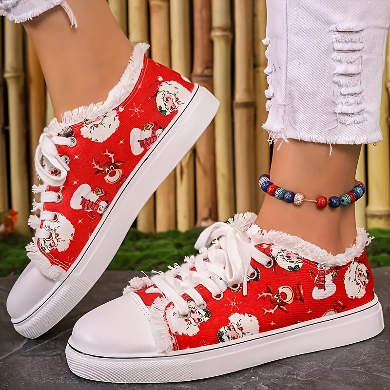 

Women's Santa Claus Print Canvas Sneakers, Lace-up Low Toe Flats With Non-slip Tpr Sole, Comfortable Christmas Shoes With Fabric Inner Lining And Insole