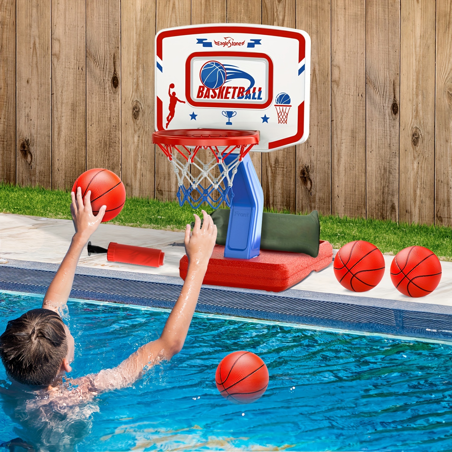 

Eaglestone Pool Basketball Hoop Poolside, Height Adjustable Basketball Hoop With 4 Balls, Swimming Poolside Outdoor Water Toy For Kids And Adults - Pool Basketball Games For Boys Girls Toys