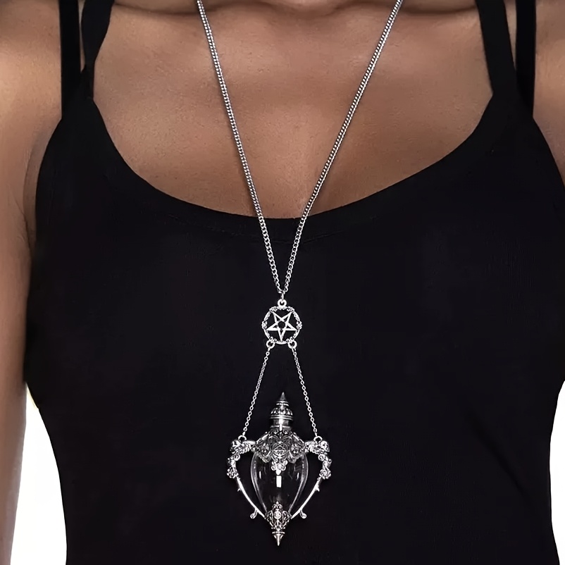 Image of Gothic Dark Series Five-pointed Star & Victorian Potion Bottle Pendant Necklace - Edgy Punk-inspired Alloy Jewelry For Casual Attire, Parties, Valentine's Day Gift - Accessory