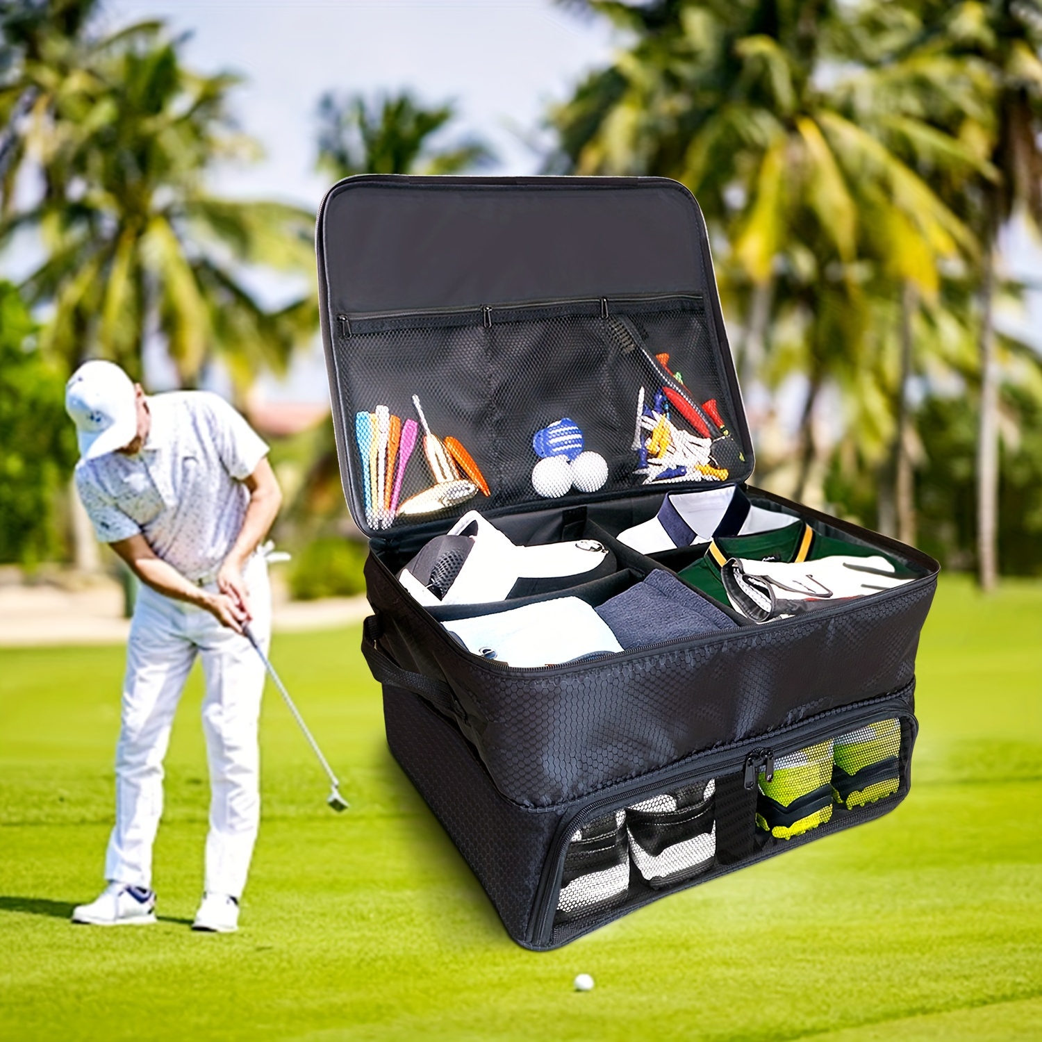 

2-layer Waterproof Golf Trunk Organizer: Durable Storage For Balls, Tees, Clothes, Gloves, Accessories, And Golf Gifts