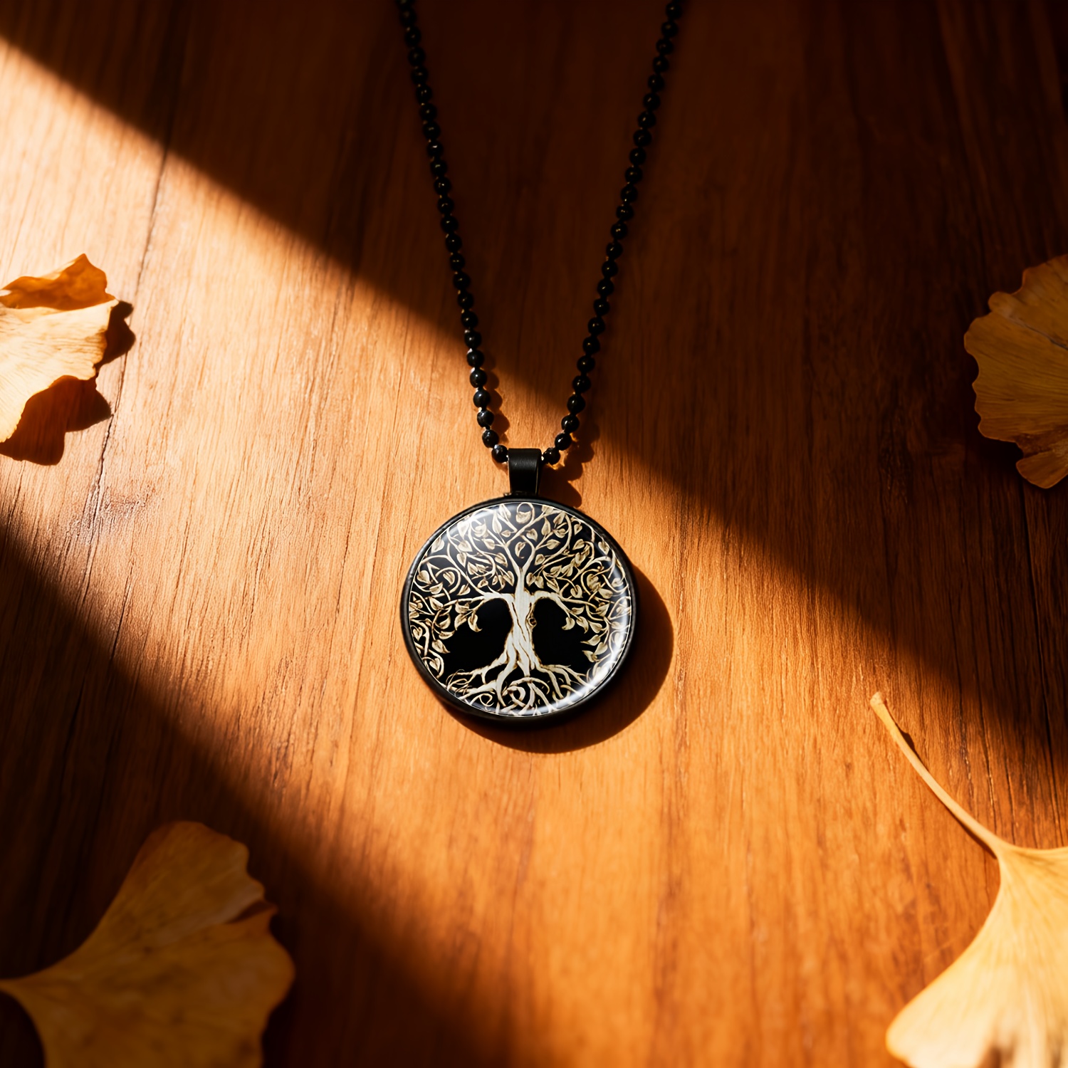 TEMU 1pc Packaging. A Cool And Stylish Bead Pendant Necklace With A Unisex Design In . Featuring A Tree Of Life Art Pattern With Golden Lines On A