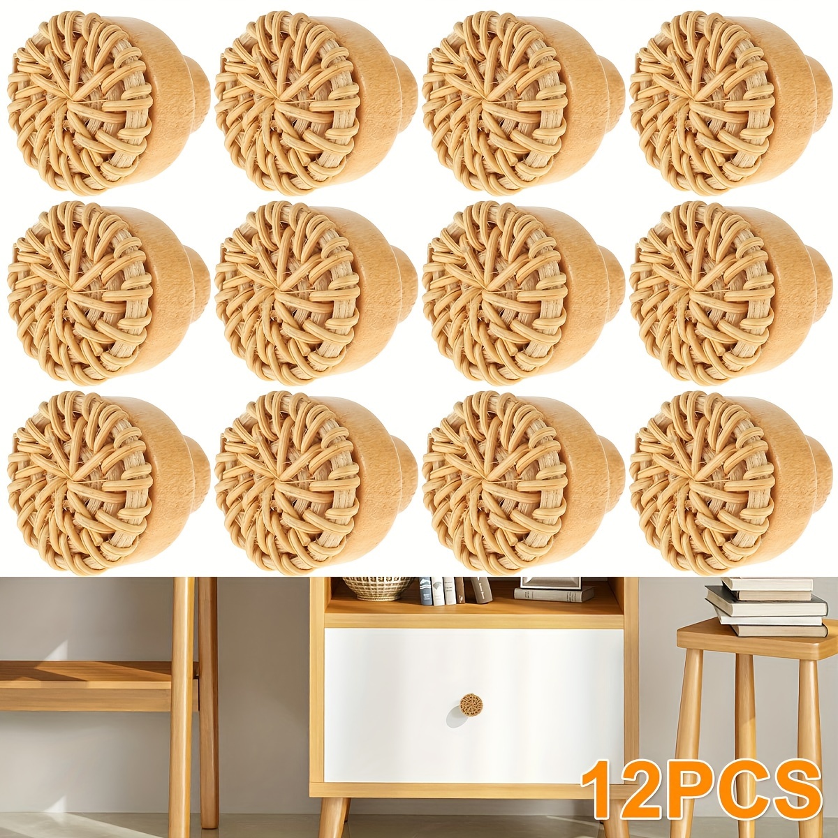 

12pcs Rattan Dresser Knobs Kit Round Wooden Drawer Knobs Decorative Furniture Pull Handles Multipurpose Woven Drawer Pulls For Cabinets Dressers Bedside Tables