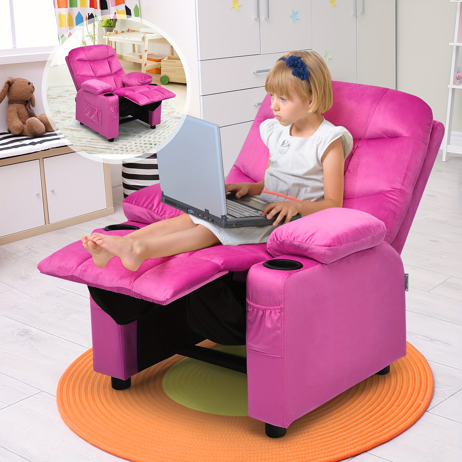Girls' Pink Velvet Recliner Chair with Cup Holder & Storage Pocket - Heavy-Duty 300lb Capacity, Ergonomic Backrest & Armrests, Manual Recliner with Safety Belt - Modern Soft Cushioned Lounge Chair for Kids & Teens, Easy Assembly, Ideal for Bedroom, Living Room, Home Theater - Durable Wood Frame & Fabric, Ideal Gift for Girls 3-12 Years (Pink, Purple, Black, White, Grey Available), Lounge Chair for Teens, Comfortable Sitting, Playroom Seating, Stylish Recliner, Highcapacity Recliner, ' 2 Girls' Pink Velvet Recliner Chair with Cup Holder & Storage Pocket - Heavy-Duty 300lb Capacity, Ergonomic Backrest & Armrests, Manual Recliner with Safety Belt - Modern Soft Cushioned Lounge Chair for Kids & Teens, Easy Assembly, Ideal for Bedroom, Living Room, Home Theater - Durable Wood Frame & Fabric, Ideal Gift for Girls 3-12 Years (Pink, Purple, Black, White, Grey Available), Lounge Chair for Teens, Comfortable Sitting, Playroom Seating, Stylish Recliner, Highcapacity Recliner, ' - Image 2