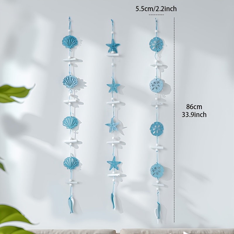 Image of A Set Of 3 3d Mediterranean- And Starfish Hanging Ornaments, 34-inch Creative Nautical-themed Blue And String Wall Decor, Suitable For Dining Room Decoration