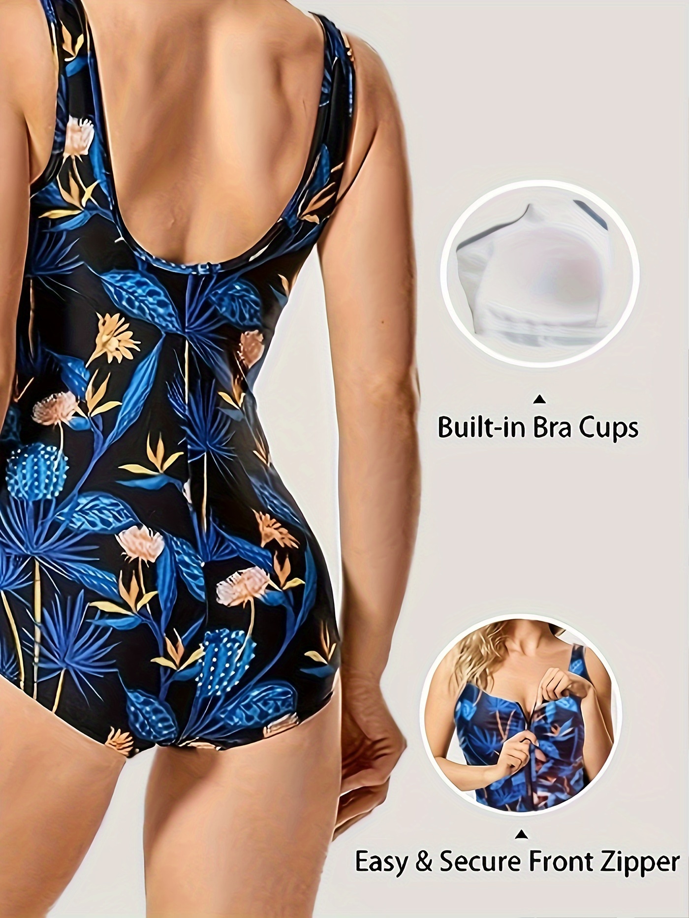 Plus Size Boho Swimsuit, Women's Plus Tropical Print Zipper Front Built-in  Bra Cups Ruched * Bathing Suit