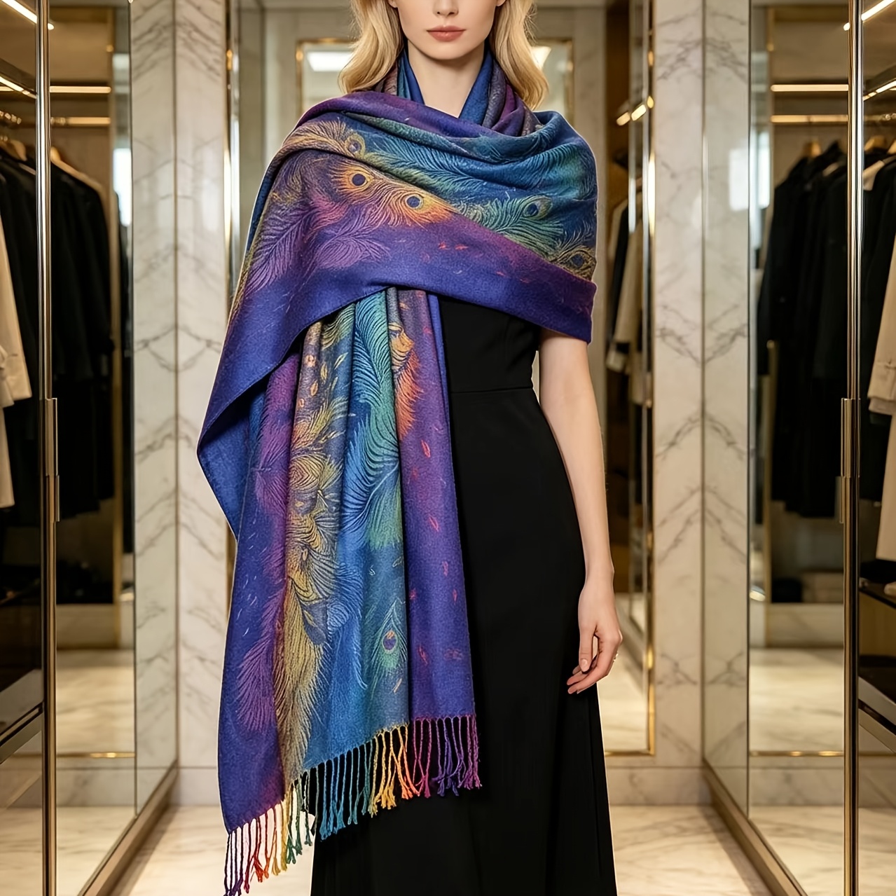 Bohemian Colorful Peacock Scarf, Women's Autumn Winter Jacquard Shawl