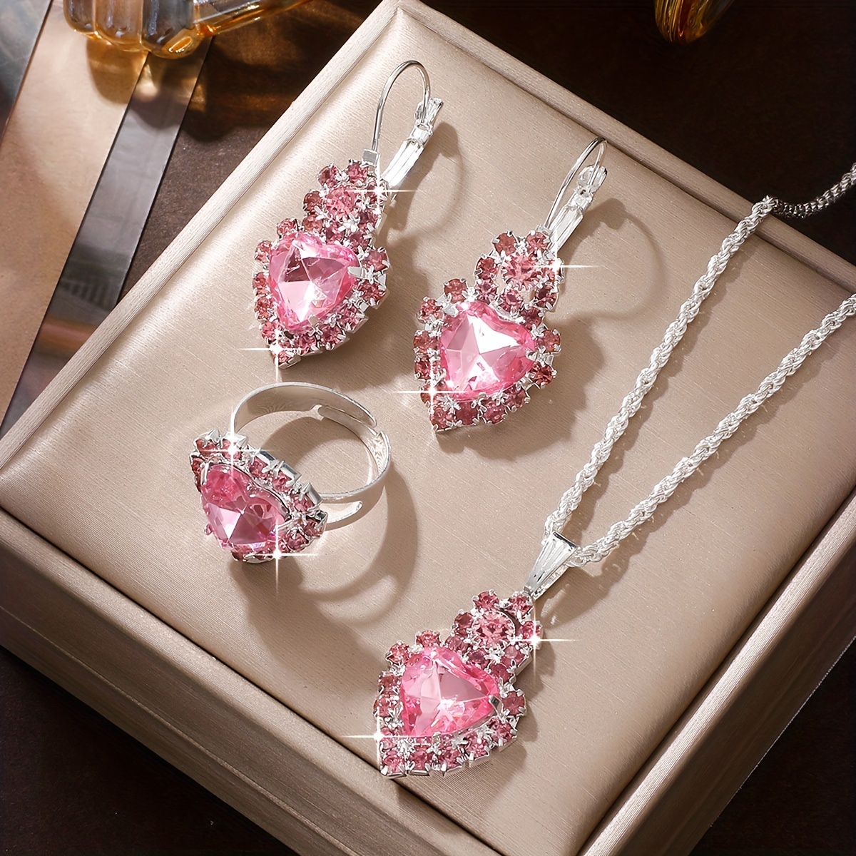 

4pcs/set Elegant Heart-shaped Pinkish Faux Diamond Alloy Jewelry Set, Vacation & Classy Style, Pendant Necklace & Earrings & Ring, Perfect For Daily Wear