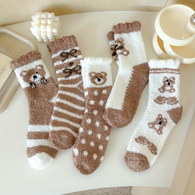 Image of Autumn/winter Style 5-pair Set Bear Plush Socks, Thickened Warm Floor Socks, Mid-calf Sleep Socks