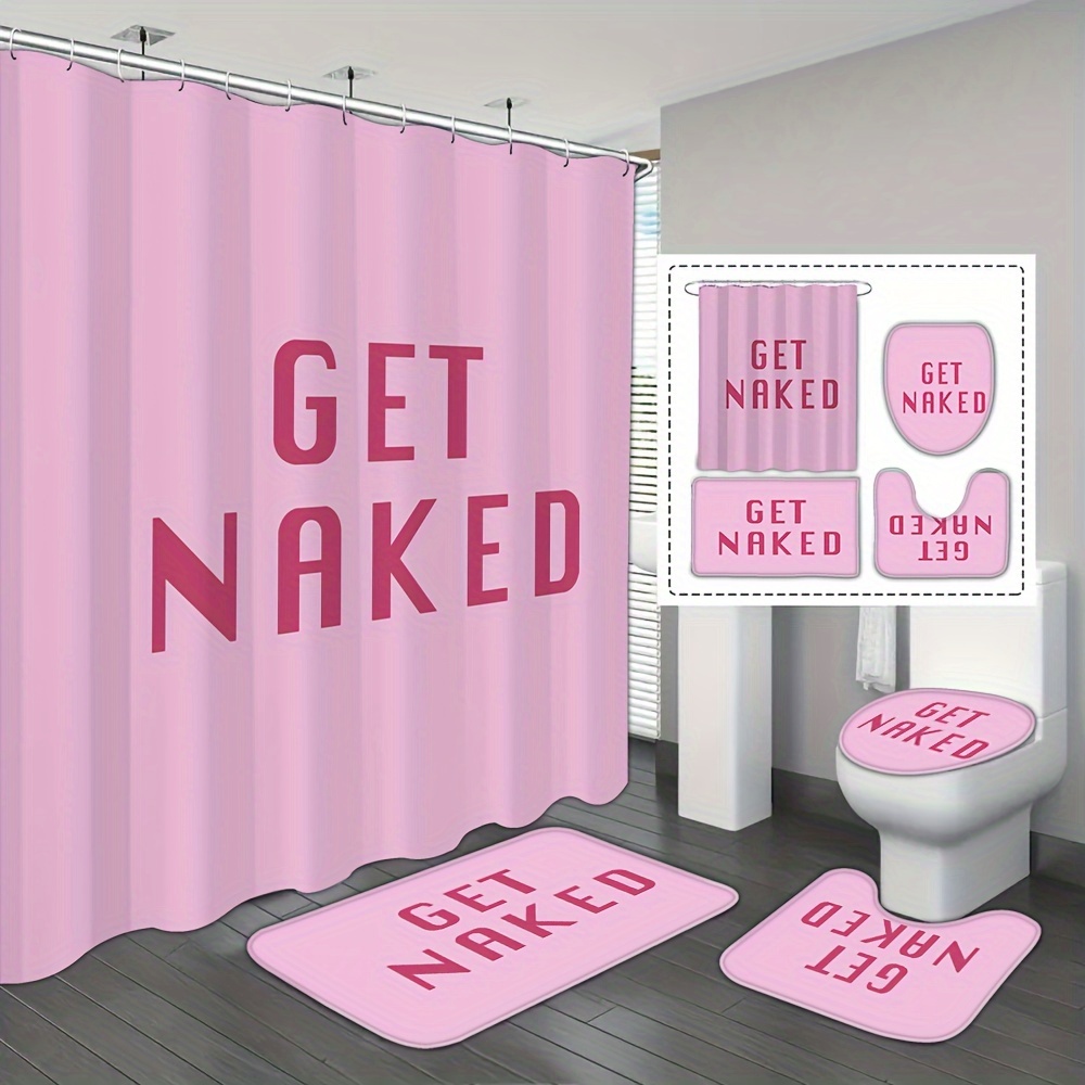 

1/4pcs Pink "get Naked" Bathroom Set, Polyester Waterproof Shower Curtain With 12 Hooks, Letter Print Decor, Bath Mat, U-shaped Rug, Toilet Lid Cover, Bathroom Accessories Set