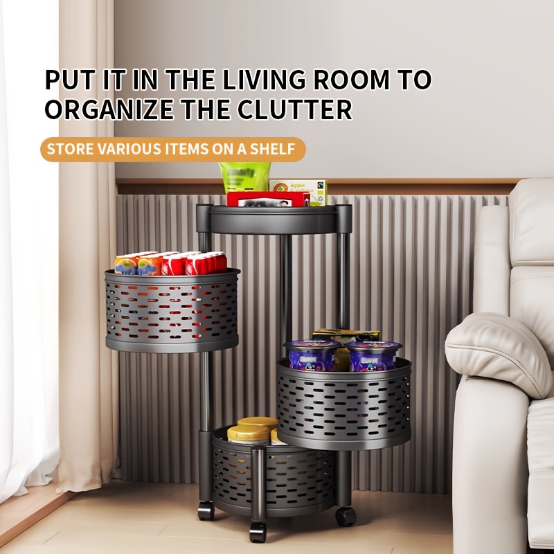 

A Rotating Kitchen Storage Rack With 4 Or 5 Metal Baskets, A Movable Cart On Wheels, Suitable For Storing Items Or Bathroom, Round .