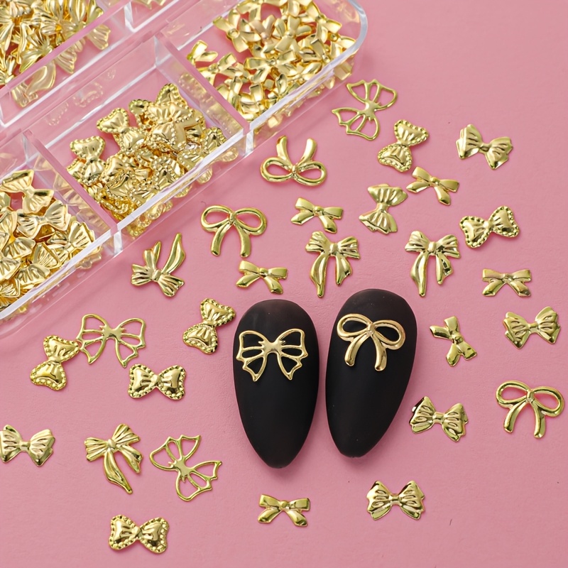 

120pcs Golden 3d Bowknot Nail Charms - Hypoallergenic Copper Ribbon Decorations For Diy Manicure & Jewelry Making, Valentine's Day, Art Charms, Nail Decoration Accessories, Cute Bow