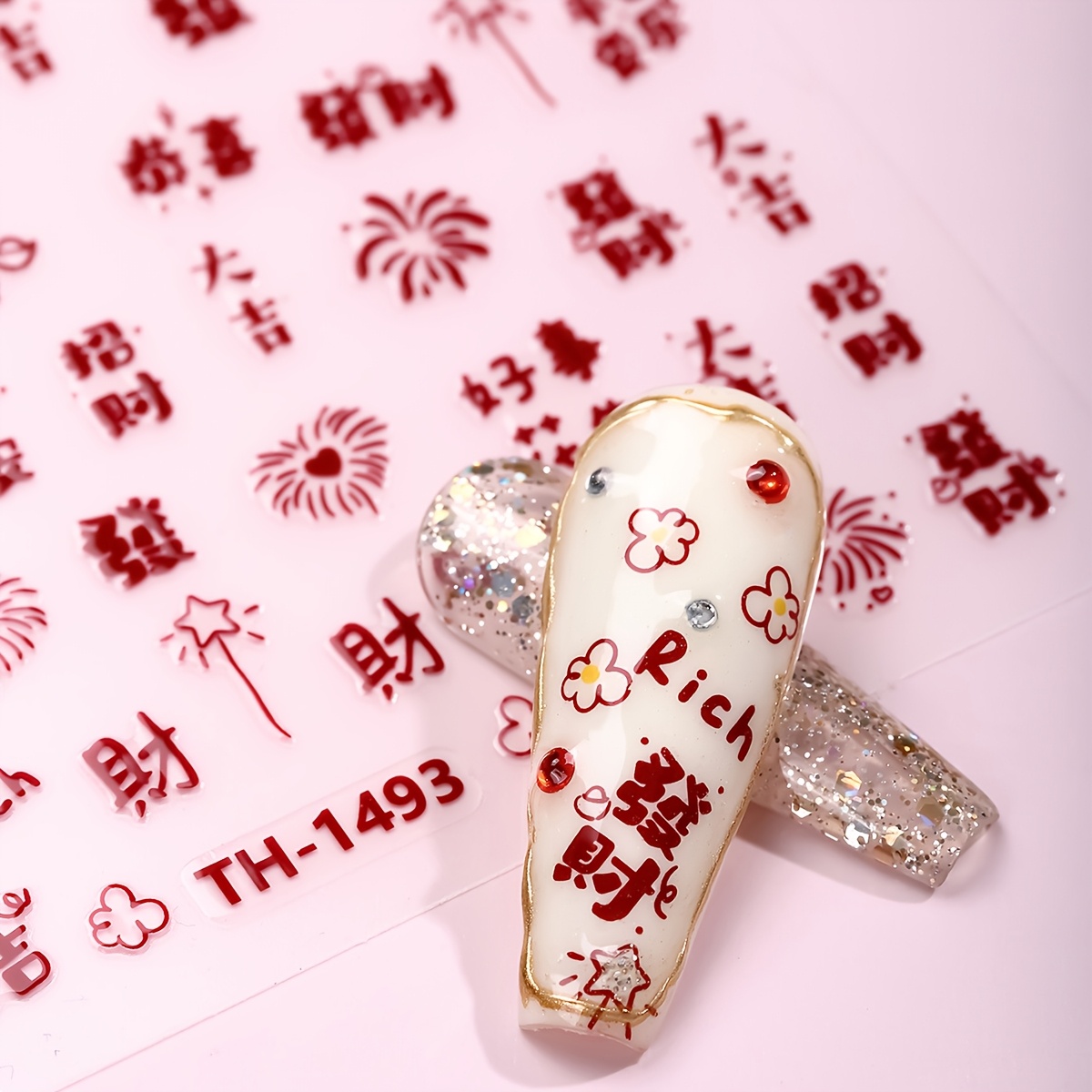 

2pcs Glitter Nail Art Stickers, Self-adhesive 3d Chinese Characters Decals, Plastic Nail Embellishments, Single Use Rectangle Shape For Diy Nail Decor