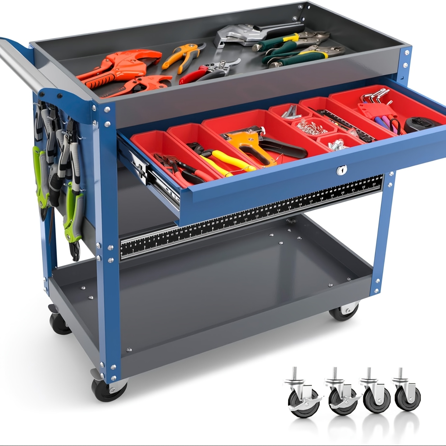 3 tier lockable tool cart with drawers rolling utility organizer on wheels durable alloy   red black multi compartment storage trolley for   and car  