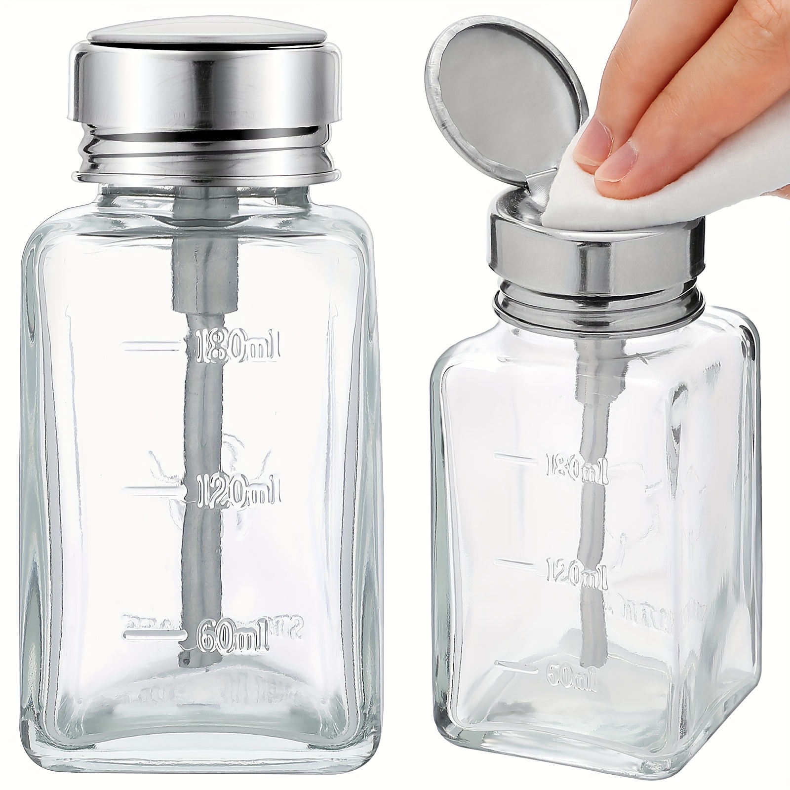 

2pcs 6 Oz/ 180 Ml Clear Pump Dispenser Bottle With Metal Flip Cover Glass Nail Polish Remover Push Down Dispenser Bottle Refillable Push Down Pump Dispenser Press Container For Makeup Remover