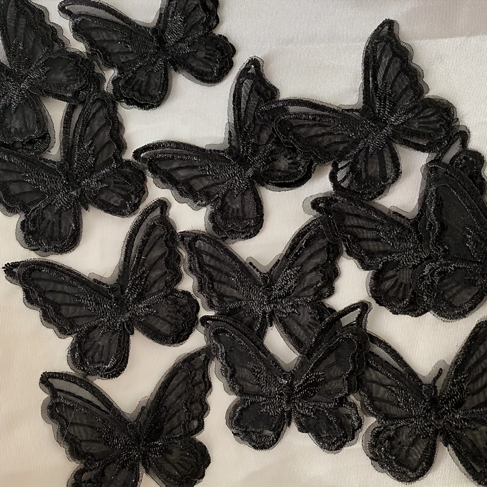 

12pcs Black Butterfly Lace Applique Patches, Dual Layer Organza Butterfly Embroidery, Diy Craft Sewing Decorative Patches For Wedding Bridal Hair Accessories, Dresses, Curtains