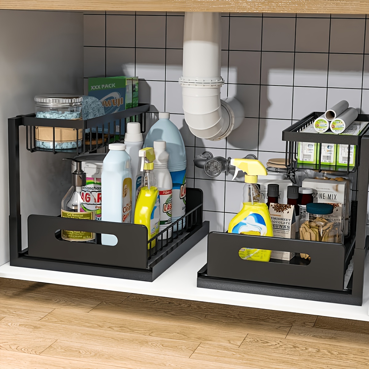 TEMU 1/2pcs Kitchen Storage Rack For Sink Organization And Storage, Sink Organizer, Sliding Pull-out Cabinet Organizer, Metal Sliding Drawer, For