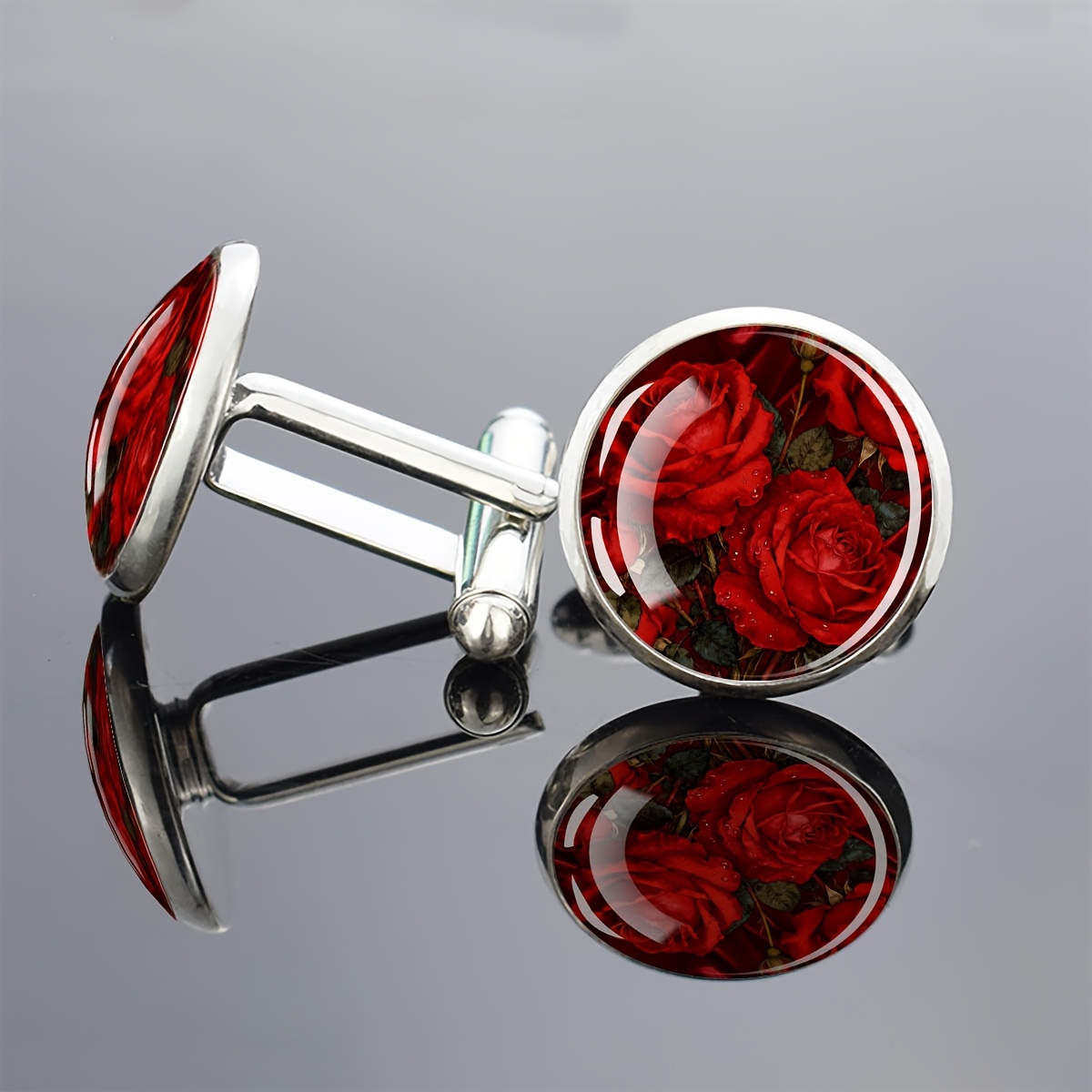 TEMU 1 Pair Cufflinks Glass Inlay Red Elegant Men's Accessory Gift For Formal Wear Sophisticated Round Top Decorative Jewelry