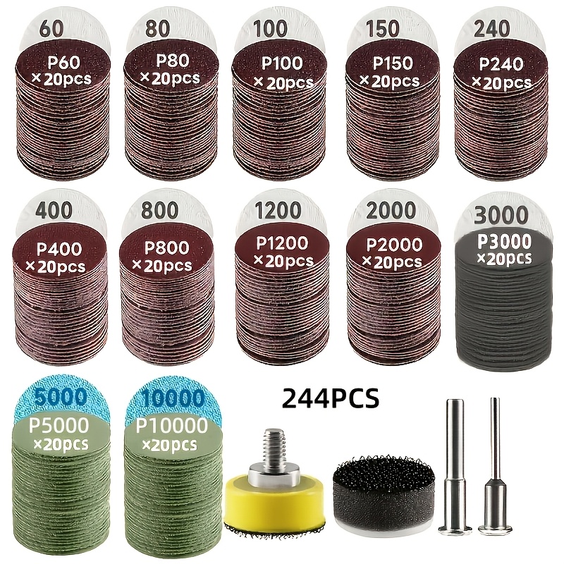TEMU 244pcs 2.54cm Sanding Discs, Wet Sandpaper With Grit Sizes From 60 To 10000, Micro , Equipped With 0.32cm/ 0.64cm Handle, Backing Pad, Suitable